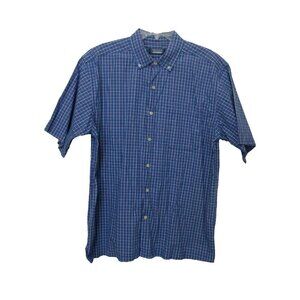 Premier International Shirt Sz Large Blue Plaid Button-Down Collar Short Sleeve